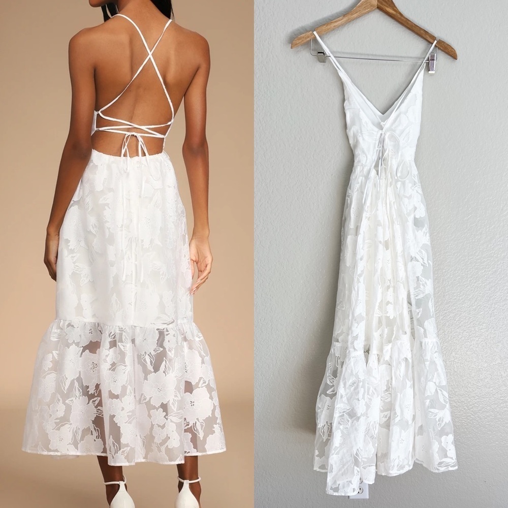 Feeling Like Forever White Jacquard Organza Lace-Up Midi Dress - Picture 2 of 8